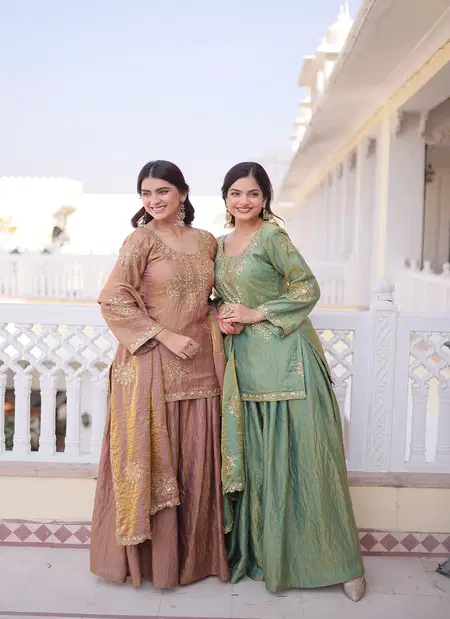 KA 1229 Fendi Crush With Zari Sequins Embroidered Work Top with Sharara Dupatta Online Wholesale